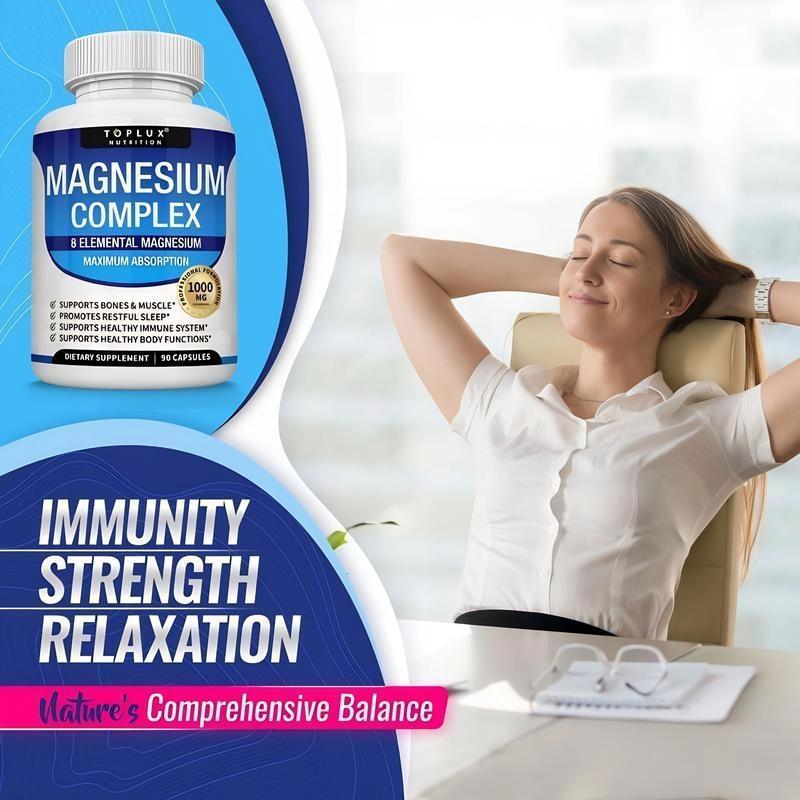 Magnesium Complex - 8 Essential Types | Edible Dietary Supplement for Healthcare Anti-Fatigue & Fitness Mild | Supports Afternoon Focus |Gluten-Free, | Office & Bathroom Convenience Vitamin Muscle health beauty fitness Healthy
