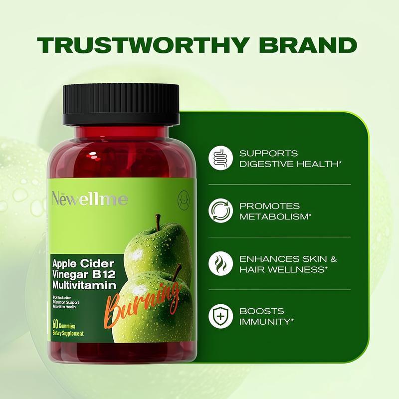 Newellme Sugar-Free Apple Cider Vinegar Gummies with The Mother & B12 Vegan Non-GMO Gluten-Free Gelatin-Free 60 Count Great Taste Keto-Friendly Edible Supplement