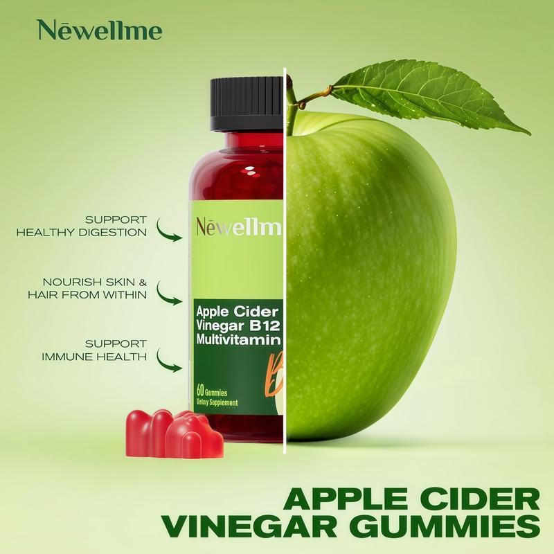 Newellme Sugar-Free Apple Cider Vinegar Gummies with The Mother & B12 Vegan Non-GMO Gluten-Free Gelatin-Free 60 Count Great Taste Keto-Friendly Edible Supplement